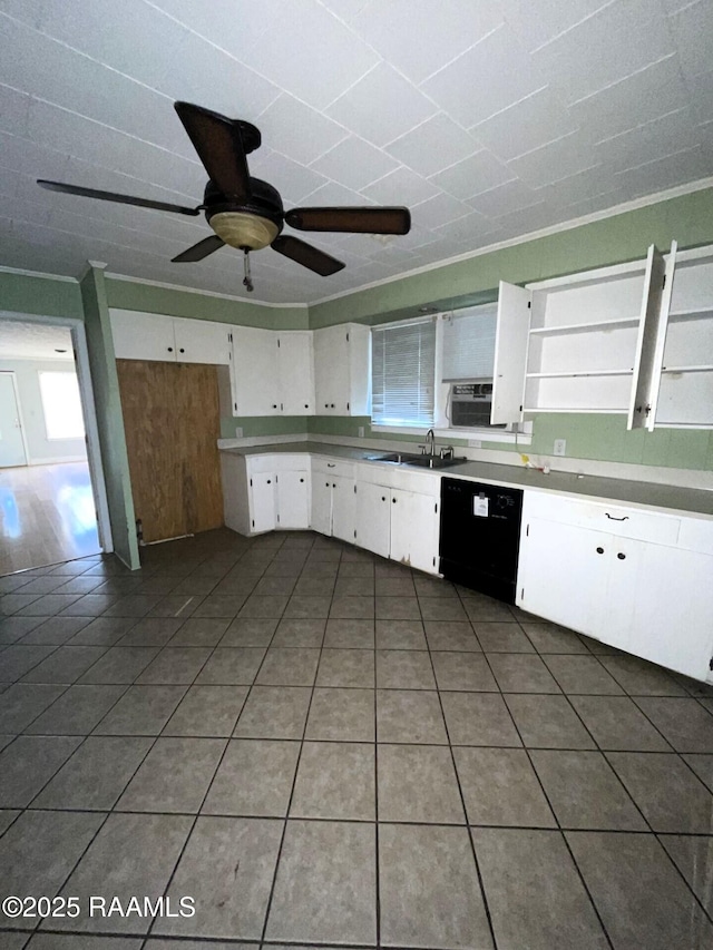 kitchen with open shelves, white cabinets, black dishwasher, and tile patterned floors