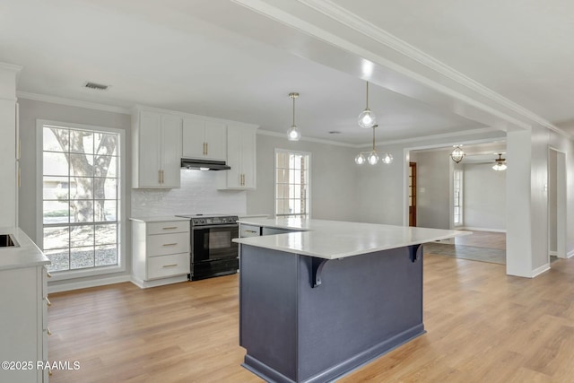 kitchen with light wood-style flooring, visible vents, under cabinet range hood, and electric range oven