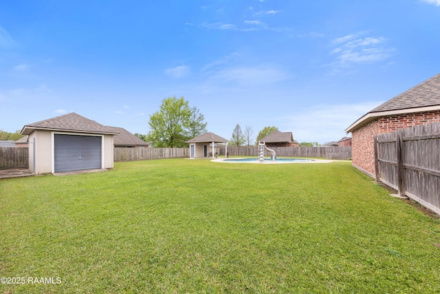 view of yard featuring an outdoor structure, a fenced backyard, and a fenced in pool