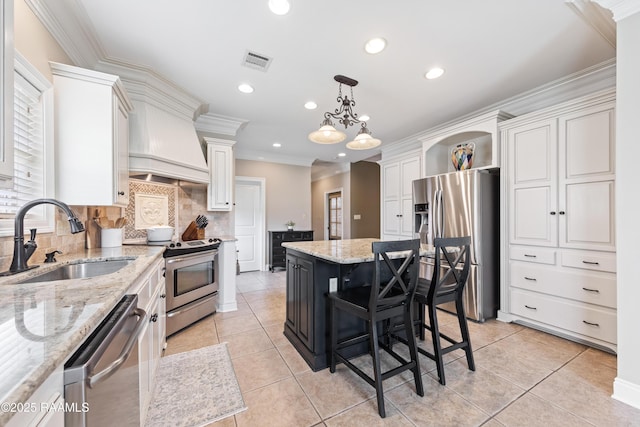kitchen with open shelves, custom range hood, stainless steel appliances, a sink, and visible vents