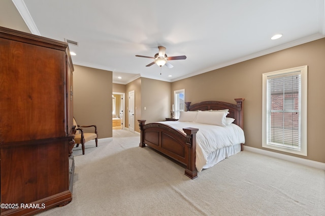 bedroom featuring recessed lighting, baseboards, light colored carpet, and visible vents