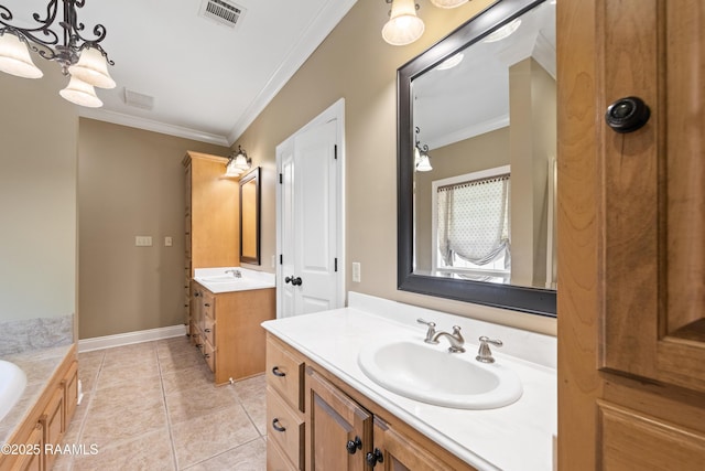 full bathroom featuring tile patterned floors, a sink, two vanities, visible vents, and ornamental molding