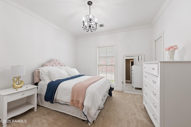 bedroom featuring visible vents, a chandelier, crown molding, baseboards, and light colored carpet