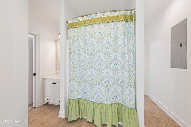 bathroom with electric panel, crown molding, tile patterned floors, vanity, and a shower with curtain
