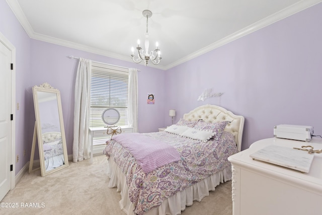 bedroom with a notable chandelier, crown molding, baseboards, and light colored carpet