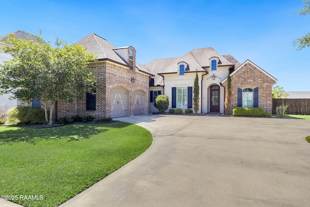 french country home featuring fence, a front lawn, brick siding, and concrete driveway