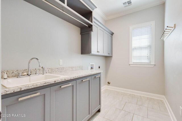 laundry room featuring crown molding, a sink, electric dryer hookup, visible vents, and washer hookup