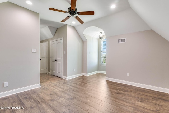 bonus room featuring recessed lighting, lofted ceiling, visible vents, and ceiling fan
