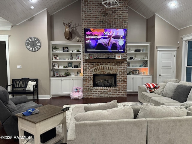 3713 Vidrine Rd, Ville Platte, LA 70586 - living room featuring vaulted ceiling, ornamental molding, dark wood finished floors, a brick fireplace, and wooden ceiling