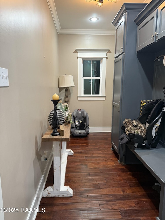 3713 Vidrine Rd, Ville Platte, LA 70586 - mudroom featuring ornamental molding, dark wood-style flooring, baseboards, and recessed lighting