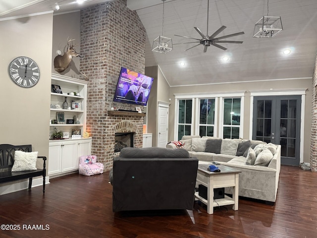 3713 Vidrine Rd, Ville Platte, LA 70586 - living area with ceiling fan, high vaulted ceiling, a fireplace, wood finished floors, and crown molding