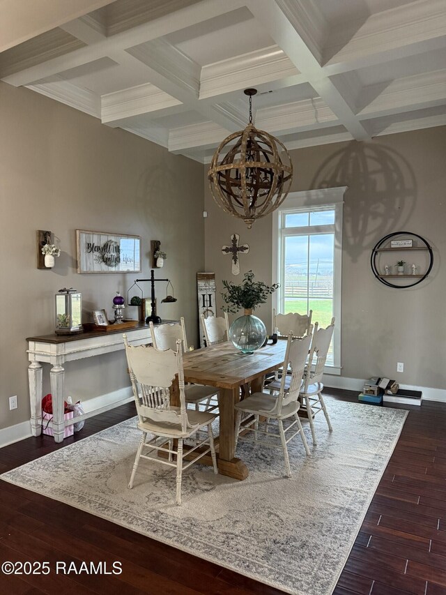 3713 Vidrine Rd, Ville Platte, LA 70586 - dining room with coffered ceiling, a chandelier, wood finished floors, baseboards, and beamed ceiling