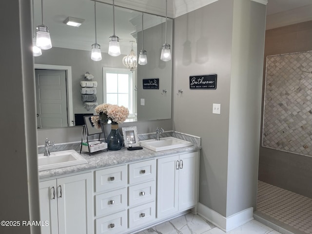 3713 Vidrine Rd, Ville Platte, LA 70586 - full bath with double vanity, baseboards, a tile shower, marble look tiles, and crown molding