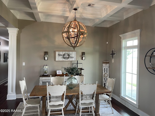 3713 Vidrine Rd, Ville Platte, LA 70586 - dining area with a chandelier, coffered ceiling, dark wood-style floors, baseboards, and beamed ceiling