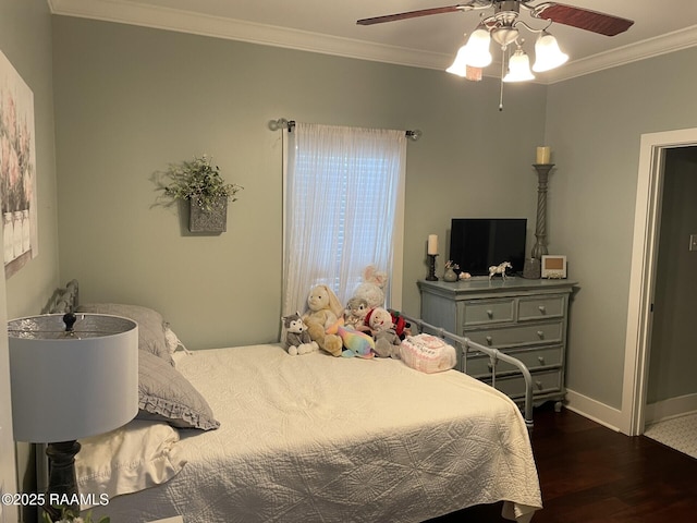 3713 Vidrine Rd, Ville Platte, LA 70586 - bedroom with dark wood-style floors, crown molding, baseboards, and ceiling fan