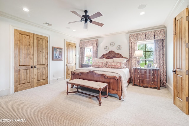 bedroom with visible vents, ornamental molding, recessed lighting, carpet, and baseboards