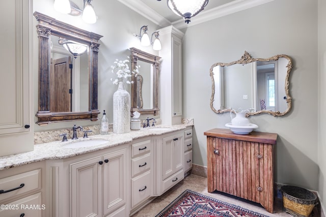 full bathroom with tile patterned flooring, crown molding, double vanity, and a sink