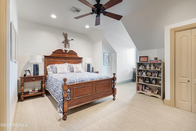 bedroom with visible vents, light carpet, recessed lighting, lofted ceiling, and ceiling fan