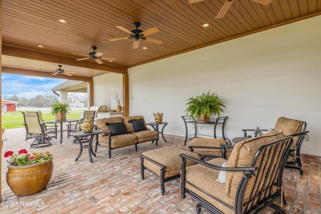 view of patio featuring outdoor dining space, an outdoor living space, a ceiling fan, and fence