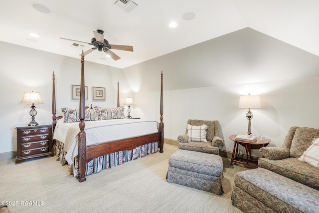 bedroom featuring visible vents, recessed lighting, carpet floors, baseboards, and vaulted ceiling