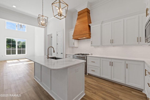303 Canary Palm Way, Youngsville, LA 70592 - kitchen featuring stainless steel appliances, premium range hood, ornamental molding, a chandelier, and decorative backsplash
