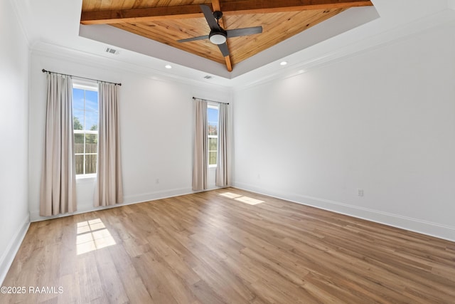 303 Canary Palm Way, Youngsville, LA 70592 - unfurnished room with light wood-style flooring, a ceiling fan, a wooden ceiling with exposed beams, crown molding, and recessed lighting