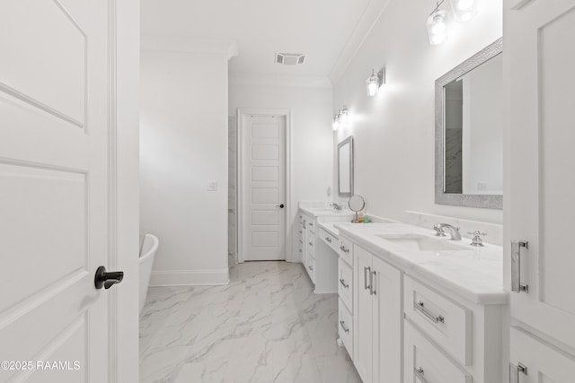303 Canary Palm Way, Youngsville, LA 70592 - full bathroom with double vanity, ornamental molding, marble look tile flooring, and a soaking tub