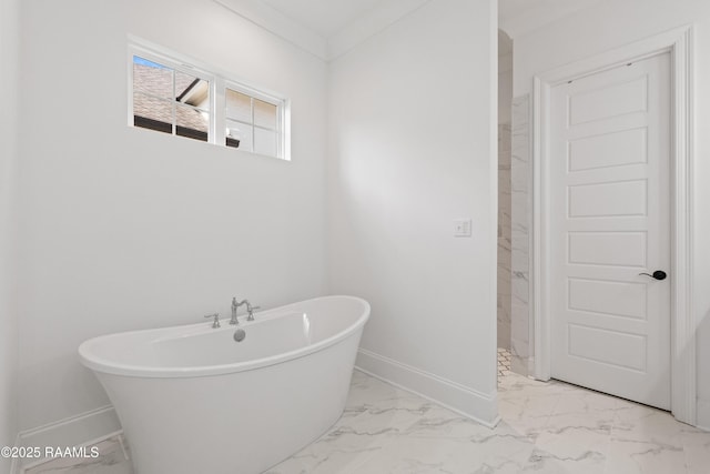 303 Canary Palm Way, Youngsville, LA 70592 - bathroom featuring marble look tile flooring, a freestanding bath, and a shower