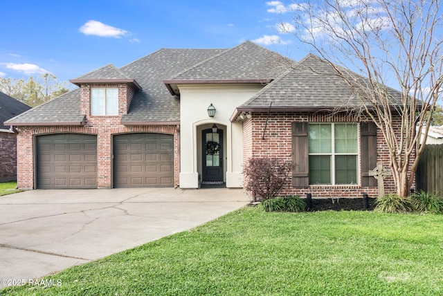205 Lo Saab Cv, Lafayette, LA 70506 - french provincial home featuring roof with shingles, an attached garage, brick siding, a front yard, and concrete driveway