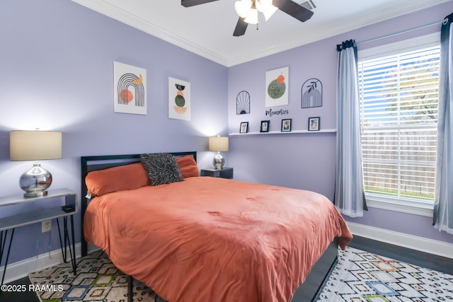 205 Lo Saab Cv, Lafayette, LA 70506 - bedroom featuring baseboards, ornamental molding, wood finished floors, and a ceiling fan