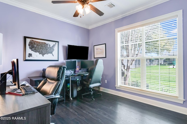 205 Lo Saab Cv, Lafayette, LA 70506 - office with ceiling fan, dark wood-type flooring, baseboards, and ornamental molding