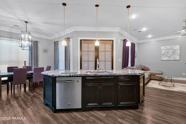 205 Lo Saab Cv, Lafayette, LA 70506 - kitchen with stainless steel dishwasher, a sink, a chandelier, dark wood finished floors, and ornamental molding