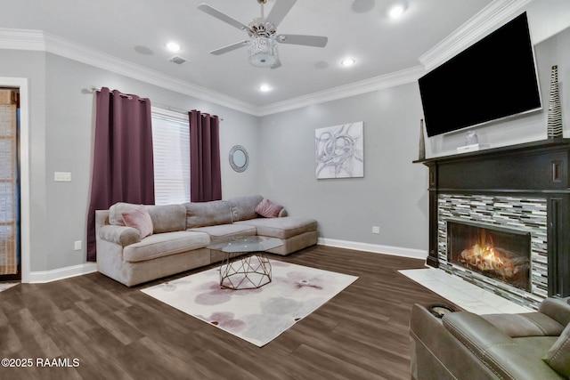 205 Lo Saab Cv, Lafayette, LA 70506 - living room with baseboards, ceiling fan, wood finished floors, a tiled fireplace, and crown molding