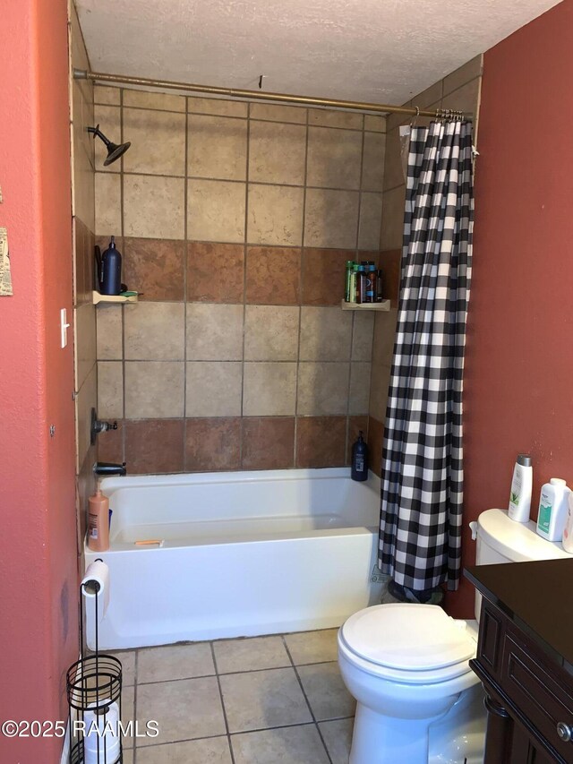 178 Wild Iris Dr, Evangeline, LA 70537 - bathroom featuring tile patterned flooring, toilet, vanity, shower / bath combo, and a textured ceiling