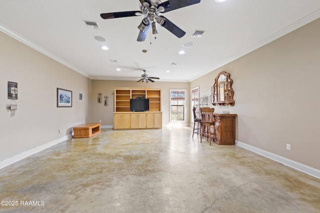 living area featuring visible vents, a ceiling fan, finished concrete flooring, crown molding, and baseboards