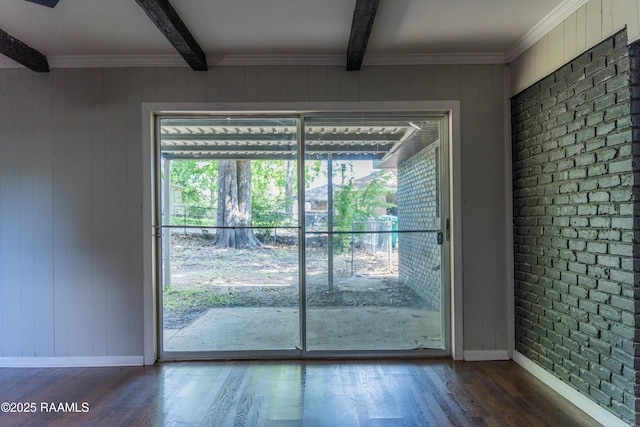 entryway featuring baseboards, dark wood-style flooring, and beam ceiling