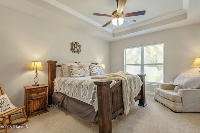114 Marigold Ln, Maurice, LA 70555 - bedroom featuring a tray ceiling, crown molding, a ceiling fan, light colored carpet, and visible vents