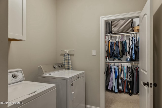 114 Marigold Ln, Maurice, LA 70555 - laundry room with independent washer and dryer, cabinet space, and light colored carpet