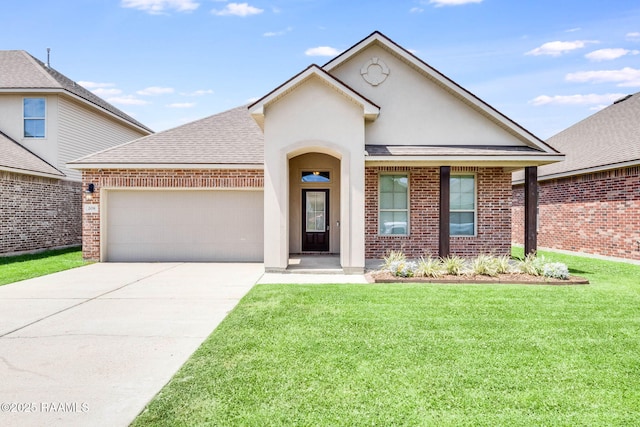 ranch-style house with an attached garage, brick siding, a front yard, and concrete driveway