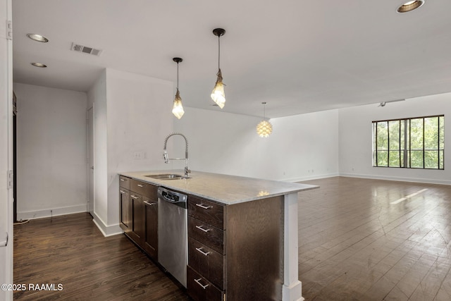 1201 S College Rd Unit 10, Lafayette, LA 70503 - kitchen featuring dark wood-style flooring, visible vents, stainless steel dishwasher, a sink, and baseboards
