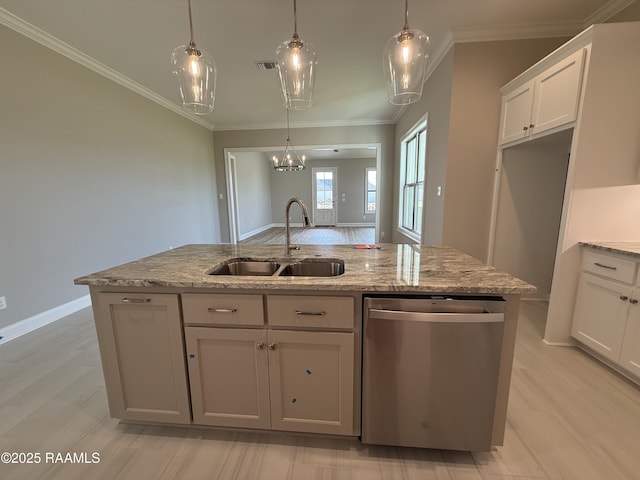 205 Keystone Dr, Scott, LA 70583 - kitchen featuring dishwasher, a kitchen island with sink, light stone countertops, white cabinets, and ornamental molding