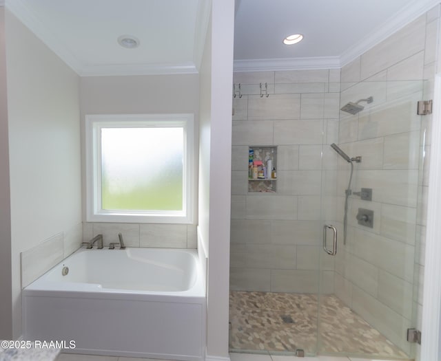 bathroom with crown molding, recessed lighting, a garden tub, and a shower stall