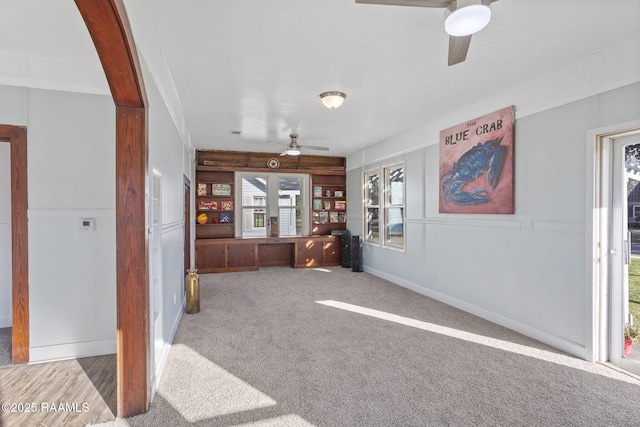 interior space with carpet and a ceiling fan