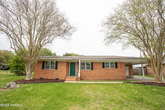 4189 Poydras Hwy, Breaux Bridge, LA 70517 - ranch-style house with a front lawn, crawl space, a carport, and fence