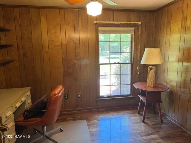 1217 Wellington Ave, Opelousas, LA 70570 - office space with wooden walls, wood finished floors, baseboards, and ceiling fan