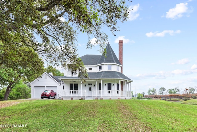 rear view of property with a porch, a yard, a shingled roof, and an attached garage