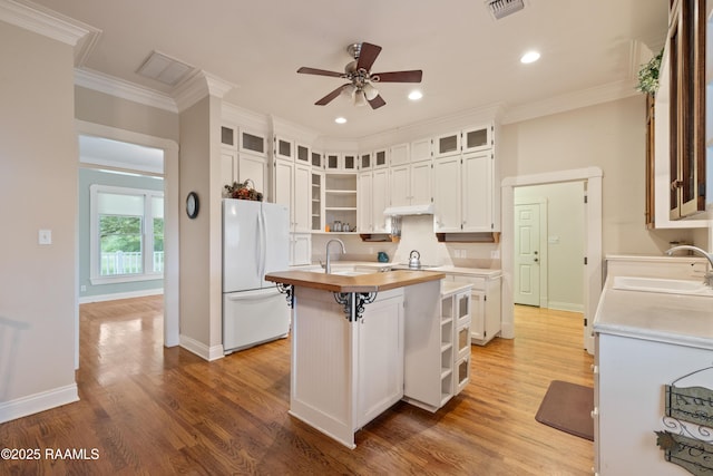 kitchen with freestanding refrigerator, open shelves, under cabinet range hood, ceiling fan, and a sink