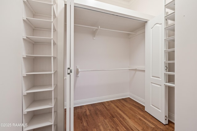 walk in closet with wood finished floors