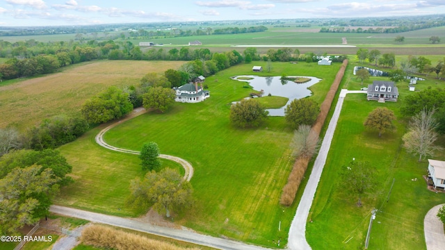 aerial view featuring a water view and a rural view