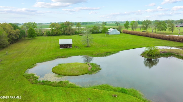 bird's eye view featuring a rural view and a water view